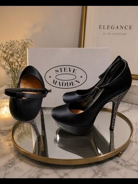 Steve Madden Black Satin Mary Jane Platform Pumps with Crystal-Heel Accent